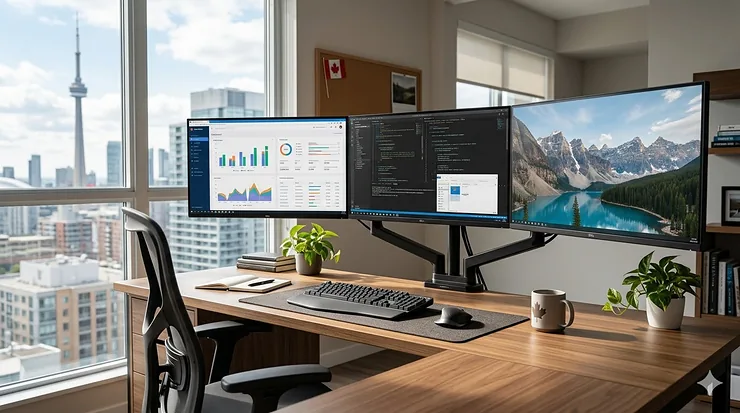 A professional wooden desk for 3 monitors with a view of the Toronto CN Tower in a Canadian home office.