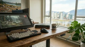 Large 72 inch desk for home office in a Montreal loft, ideal for creative professionals.