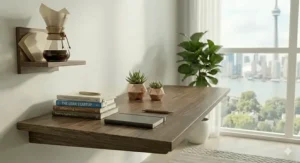 Dual-purpose slim computer desk for condo entryway and workspace, maximizing square footage in urban suites.
