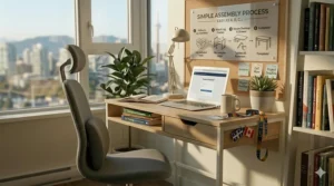 Infographic showing the simple assembly process of an affordable compact desk under $300.