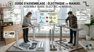 Step-by-step assembly guide for a standing desk in a Canadian home office setting showing parts and tools.