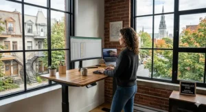 Photorealistic bamboo standing desk in a Vancouver-style home office with lush evergreen trees visible through large windows.