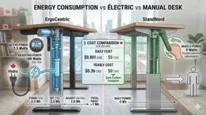 A high-resolution graphic comparing the low power consumption of an electric standing desk to the zero power usage of a manual hand-crank desk for Canadian professionals.