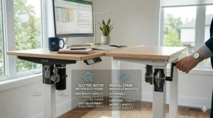 A side-by-side comparison of an electric motor versus a manual crank mechanism on a standing desk, helping users decide which lift style fits their budget and needs.