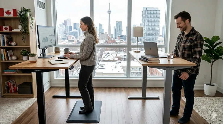 A modern Toronto home office featuring a comparison of an electric vs manual standing desk near a window with city views.