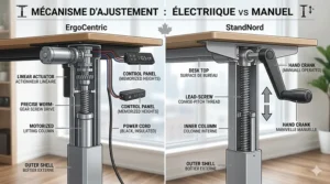 Close-up engineering diagram showing the internal electric motor compared to a manual hand crank for a standing desk.