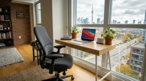 Illustration of an ergonomic chair paired with a narrow desk under 40 inches to maximize comfort in a small Canadian den.