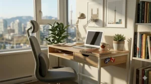 A digital drawing of an ergonomic compact desk under $300 paired with a comfortable chair for remote work.