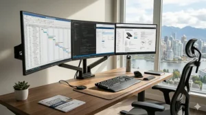 An ergonomic desk for 3 monitors in a Vancouver home office, featuring adjustable monitors and a brochure for Canadian office solutions.