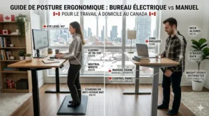 Illustration of a Canadian professional maintaining proper ergonomics at a height-adjustable standing desk.