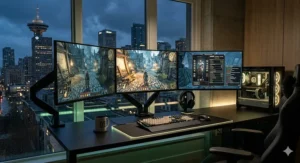 An immersive gaming desk for 3 monitors in a modern Vancouver condo with sophisticated natural-light-themed RGB lighting and a high-performance PC.
