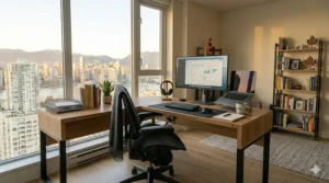 Illustration of a dual-monitor gaming setup on a sturdy black L-shaped desk with LED lighting and an ergonomic chair.