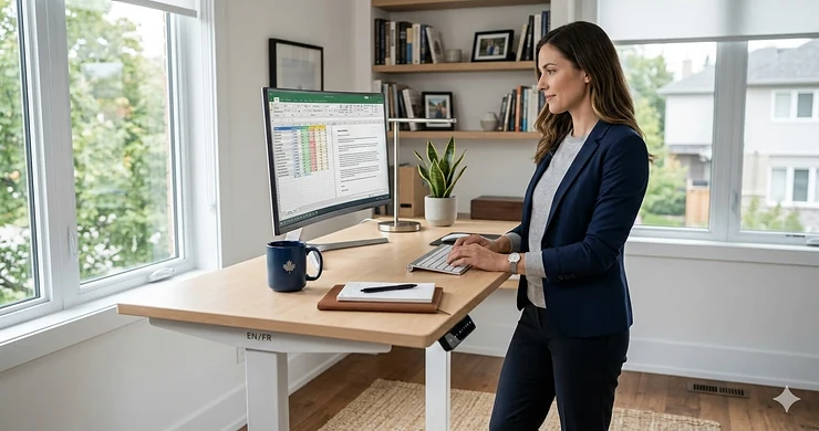 A professional working at an adjustable standing desk in a modern Canadian home office with a view of a local neighborhood, demonstrating how to choose a standing desk with proper ergonomic posture.
