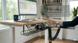 A view under a standing desk showing an integrated cable management tray and modular power strip organization to keep a Canadian workspace tidy and safe.
