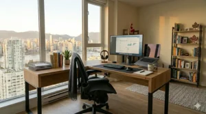 Diagram of an L-shaped desk with feature callouts in English and French highlighting durable materials and easy assembly for Canadian shoppers.