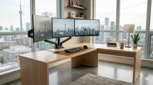 A functional L-shaped corner desk for 3 monitors in a modern Toronto condo with a clear view of the city skyline.