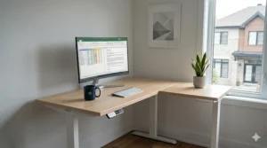 A photorealistic L-shaped standing desk positioned in a bright corner of a Canadian condo, showing a space-efficient office layout for urban professionals.