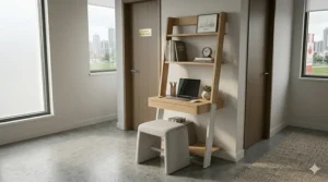 Vertical leaning ladder shelf desk with storage, ideal for narrow hallways or studio nooks.