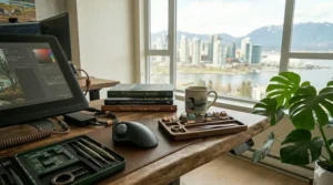 Clean minimalist 72 inch white desk styled for a contemporary Canadian home office.
