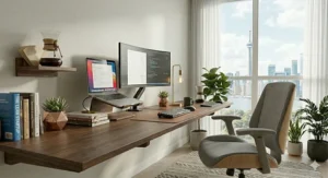 Minimalist work nook featuring a slim computer desk for condo hallways or small bedroom corners.