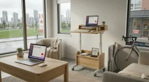 Portable rolling laptop desk with adjustable height for flexible work-from-home setups in Canada.