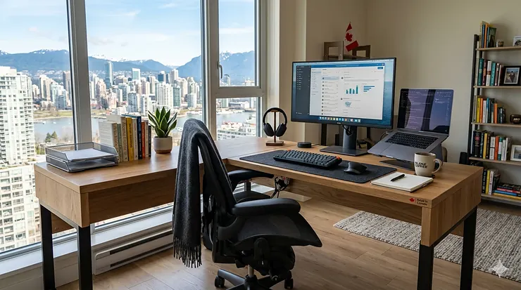 A spacious white L-shaped desk in a bright Toronto home office featuring ergonomic accessories and a view of the city skyline.