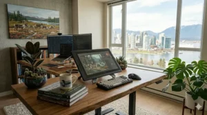 High-quality oak 72 inch desk featuring classic Canadian interior design elements.