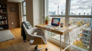 Illustration showing a narrow desk under 40 inches with measurements in both inches and centimeters for Canadian shoppers.