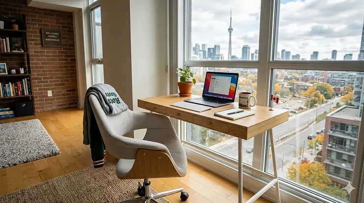 A modern narrow desk under 40 inches styled in a bright Toronto condo living room with views of the CN Tower.