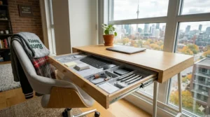 Illustration highlighting vertical storage and drawer space on a narrow desk under 40 inches for small Canadian homes.