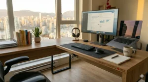 Productivity illustration showing an L-shaped desk divided into a digital workstation and a creative writing or craft area.