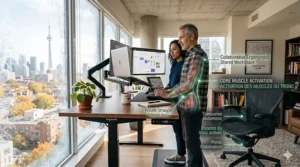 A diverse Canadian professional working at a height-adjustable standing desk in a bright, winter-ready home office.