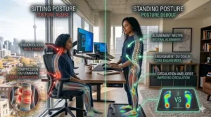 Comparative illustration of spinal compression during prolonged sitting versus the active recovery of using a standing desk for back pain.