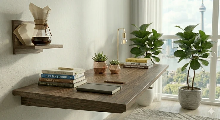 A minimalist slim computer desk for condo living in a bright Toronto high-rise with a city skyline view.