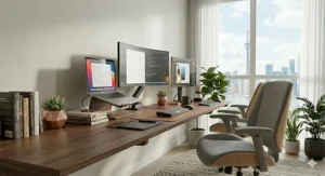 Versatile slim computer desk for condo lifestyle with an ergonomic laptop stand and natural daylight.