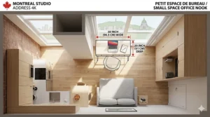A floor plan illustration of a Montreal studio apartment featuring a compact workspace with a narrow desk under 40 inches.