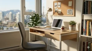 Illustration of a space-saving compact desk under $300 tucked into a cozy Toronto condo nook.