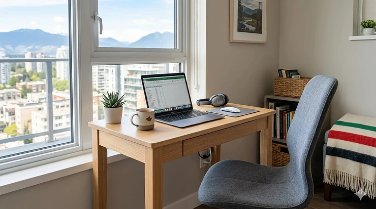 A modern small desk for a home office in a bright Canadian condo, styled with a laptop and a steaming mug of coffee.
