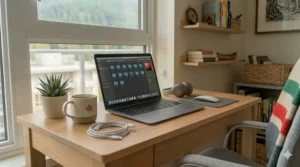 Small desk for home office with vertical shelving to maximize storage in limited Canadian living spaces.