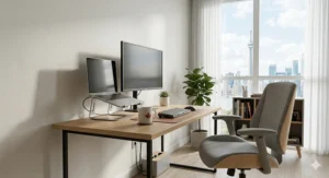 Space-saving slim computer desk for condo home offices, showing a compact setup in a small Vancouver apartment.