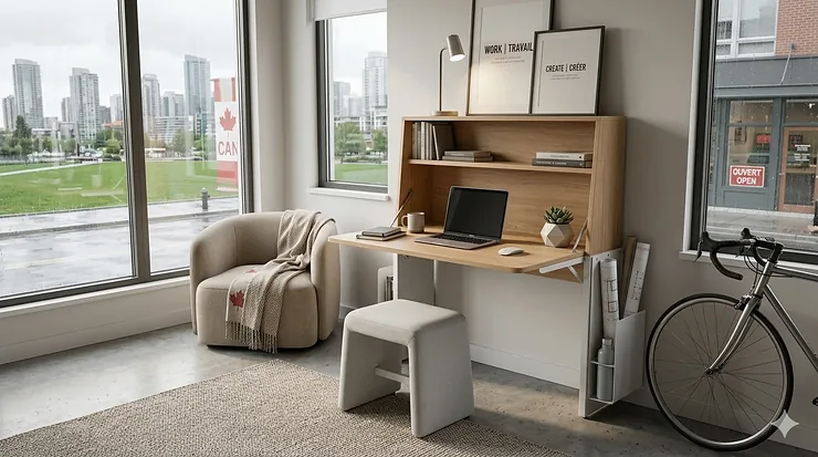 A modern space-saving desk integrated into a bright, minimalist Canadian studio apartment with natural light. space saving desk for studio apartment