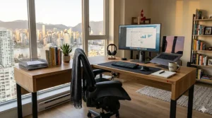 Illustration showing how a compact L-shaped desk maximizes corner space in a small Canadian apartment or condo floor plan.