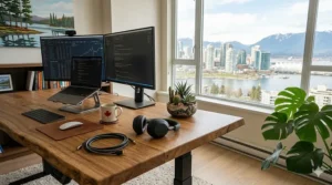 Wide 72 inch workstation perfect for a small Vancouver apartment with mountain views.