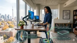 Illustration of a Canadian office worker standing on an anti-fatigue mat to support joint health and reduce back pain.