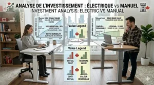 A financial graph showing the long-term investment value and CAD price comparison of electric vs manual standing desks.