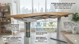 Technical drawing showing the weather-resistant steel and wood components of a standing desk designed for the Canadian climate.