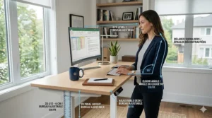 An ergonomic diagram showing a person at a standing desk with visual guides for correct eye level, 90-degree elbow angles, and relaxed shoulders in a home office setting.