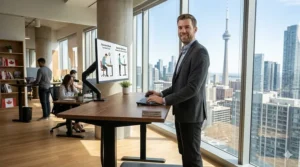 Illustration of 90-degree arm angle for a tall person at an adjustable standing desk.