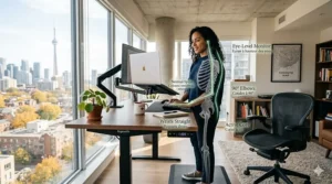 Illustration showing proper ergonomic alignment and posture at a standing desk to prevent lower back pain and neck strain.