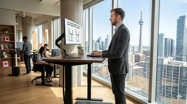 A tall professional using an ergonomic standing desk in a bright Toronto office with a CN Tower view. standing desk for tall person
